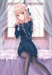  1girl bed black_legwear blonde_hair blue_eyes blue_sweater blush bow chromatic_aberration curtains hair_bow hands_up heart heart_hands highres indoors long_hair long_sleeves looking_at_viewer original pantyhose sitting smile solo sunlight sweater sylnice window 