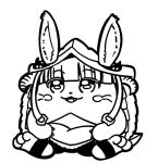  1other :3 ambiguous_gender animal_ears bangs barefoot bkub blunt_bangs blush blush_stickers claws commentary ears_through_headwear eyebrows_visible_through_hair fangs full_body fur furry greyscale hair_ornament helmet horizontal_pupils horned_helmet made_in_abyss monochrome nanachi_(made_in_abyss) rabbit_ears sidelocks simple_background sitting solo tail whiskers white_background 