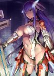  1girl adapted_costume aerial_drive bangs bare_shoulders black_gloves blue_eyes blunt_bangs breasts center_opening cityscape cleavage cross earrings fate/grand_order fate_(series) female gauntlets gloves headgear highleg highleg_leotard highres jewelry large_breasts leotard long_hair looking_at_viewer mecha_musume navel night night_sky open_mouth parted_lips purple_hair revealing_clothes saint_martha science_fiction sky solo straight_hair thigh-highs type-moon uo_denim very_long_hair white_leotard 