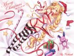  1girl artist_name bed_sheet bell blonde_hair blush bow box breasts christmas cleavage commentary_request date_a_live dated doll double_bun from_above gift gift_box hair_between_eyes hat highres hoshimiya_mukuro large_breasts long_hair looking_at_viewer lying merry_christmas mouth_hold naked_ribbon on_back on_bed red_ribbon ribbon ribbon_in_mouth santa_hat socks solo star striped striped_legwear thigh-highs tsubasaki very_long_hair yellow_eyes 