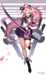  bell boots bow breasts character_request cleavage collar forever_7th_capital gloves glowing glowing_weapon holding holding_sword holding_weapon katana long_hair orange_eyes parted_lips petals pink_hair ponytail school_uniform signature skirt socks solo sword thigh_strap weapon yus 