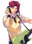  1boy alternate_costume closed_mouth collared_shirt earrings electric_guitar guitar hand_up headphones highres holding holding_instrument instrument jewelry jojo_no_kimyou_na_bouken kakyouin_noriaki kotatsu_(g-rough) looking_at_viewer male_focus necktie pants red_eyes redhead school_uniform shirt simple_background smile solo stardust_crusaders upper_body vest white_background white_shirt wing_collar wristband 