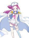  1girl absurdres alternate_costume alternate_hairstyle anchor_symbol closed_mouth cure_blossom epaulettes hanasaki_tsubomi hat heartcatch_precure! highres leg_garter legs looking_at_viewer matatabi_(karukan222) one_side_up pink_eyes pink_hair pink_ribbon precure ribbon simple_background single_thighhigh skirt smile solo standing striped striped_legwear thigh-highs white_background white_hat white_skirt 
