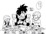 2boys :d armor black_eyes black_hair broly_(dragon_ball_super) cheelai chewing crab dragon_ball dragon_ball_super dragon_ball_super_broly eating eyelashes food glass happy hat highres holding holding_food lee_(dragon_garou) lemo_(dragon_ball) looking_down male_focus monochrome multiple_boys muscle open_mouth plate puffy_cheeks scar short_hair simple_background sitting smile speech_bubble spiky_hair spoon table translation_request upper_body white_background 