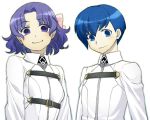  1boy 1girl blue_eyes blue_hair bow chaldea_uniform closed_mouth fate/grand_order fate_(series) gradient_outline hair_intakes original outline pink_bow purple_hair simple_background smile touma_rui upper_body violet_eyes wavy_hair white_background 