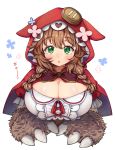 1girl a5g7a5d8 animal_ears blush braid breasts brown_hair cleavage cloak commentary_request flower highres hood hooded_cloak large_breasts looking_at_viewer medium_hair nijisanji open_clothes paws ribbon solo transparent_background twin_braids virtual_youtuber warabeda_meijii 