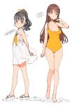  2girls absurdres arms_behind_back ass_visible_through_thighs black_hair breasts brown_eyes brown_hair choker cleavage contrapposto dress eyebrows_visible_through_hair flat_chest fukuyama_mai full_body hand_up head_tilt highres idolmaster idolmaster_cinderella_girls long_hair looking_at_viewer medium_breasts multiple_girls nitta_minami one-piece_swimsuit ooyari_ashito orange_swimsuit parted_lips ponytail sailor_dress scan simple_background smile standing swimsuit white_background white_dress 
