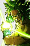 1boy annoyed attack attacking_viewer broly_(dragon_ball_super) clenched_teeth close-up dragon_ball dragon_ball_super_broly energy_ball frown green_hair grey_background male_focus muscle orange_eyes scar shirtless short_hair simple_background spiky_hair st62svnexilf2p9 super_saiyan teeth upper_body wristband 