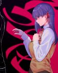  1girl amano_don bangs blank_eyes brown_vest collared_shirt eyebrows_visible_through_hair fate/stay_night fate_(series) from_side hair_ribbon hand_on_own_chest heaven&#039;s_feel highres holding homurahara_academy_uniform long_hair long_sleeves matou_sakura purple_hair reaching_out red_neckwear red_ribbon ribbon shirt tears upper_body vest violet_eyes white_shirt 