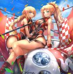  2girls aqua_eyes arm_support ass bandeau bangs bare_shoulders blonde_hair blue_eyes blue_sky blush braid breasts car checkered checkered_flag cleavage closed_mouth clouds collared_dress confetti day dress eyebrows_visible_through_hair fate/apocrypha fate/grand_order fate_(series) flag gloves green_eyes grin ground_vehicle hair_ornament highres holding holding_flag jeanne_d&#039;arc_(fate) jeanne_d&#039;arc_(fate)_(all) large_breasts long_hair looking_at_viewer medium_breasts mordred_(fate) mordred_(fate)_(all) motor_vehicle multiple_girls navel ohako_(ohako1818) outdoors partially_unzipped pelvic_curtain ponytail racequeen shorts side_cutout sidelocks single_braid sitting skindentation sky sleeveless sleeveless_dress smile strap thighs very_long_hair zipper 