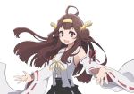  1girl :d ahoge bare_shoulders black_skirt breasts brown_hair commentary detached_sleeves double_bun eyebrows_visible_through_hair fukagawa_kazumi_(style) headgear kantai_collection kongou_(kantai_collection) long_hair looking_at_viewer medium_breasts nontraditional_miko open_mouth remodel_(kantai_collection) simple_background skirt smile solo upper_body violet_eyes white_background yuzuruka_(bougainvillea) zombie_land_saga 