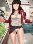  1girl accidental_exposure ass_visible_through_thighs bag bangs black_hair blunt_bangs blush commentary_request eggplant handbag highres jacket jewelry lettuce long_hair mole mole_on_thigh mole_under_mouth necklace original panties pearl_necklace plump red_jacket ryokucha_michi shopping_basket skirt skirt_lift solo supermarket underwear violet_eyes wardrobe_malfunction white_panties 