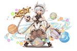  1girl blue_eyes broken chains detached_sleeves full_body fullbokko_heroes hair_over_one_eye hairband holding jar official_art open_mouth planet shigatake ship&#039;s_wheel shoes short_hair sitting solo star star_print thigh-highs transparent_background white_hair winged_shoes wings 