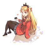  1girl amados bangs black_footwear blonde_hair blue_skirt bow brown_legwear coat coffee_cup commentary_request cup disposable_cup duffel_coat ereshkigal_(fate/grand_order) eyebrows_visible_through_hair fate/grand_order fate_(series) fringe_trim hair_bow holding holding_cup loafers long_hair long_sleeves looking_at_viewer open_mouth pantyhose parted_bangs plaid plaid_scarf plaid_skirt pleated_skirt red_bow red_coat red_eyes scarf shoes simple_background sitting skirt snow solo tiara winter_clothes 