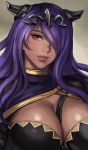  1girl black_armor breasts camilla_(fire_emblem_if) cleavage closed_mouth commentary english_commentary face fire_emblem fire_emblem_heroes fire_emblem_if hair_ornament hair_over_one_eye highres large_breasts lips long_hair looking_at_viewer nintendo portrait purple_hair smile soffa strap tiara violet_eyes wavy_hair 