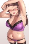  1girl armpits arms_up belly black_legwear blush bra breasts brown_hair cleavage commentary_request covering_eyes cowboy_shot earrings gradient gradient_background highres jewelry large_breasts long_hair navel open_mouth original plump purple_bra ryokucha_michi simple_background smile solo thigh-highs underwear underwear_only 