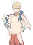  1boy abs arabian_clothes bare_chest blonde_hair circlet cropped_jacket earrings fate/grand_order fate_(series) gilgamesh gilgamesh_(caster)_(fate) hand_on_hip highres hips holding jewelry male_focus nada_(_na_da) navel nipples pants red_eyes side_slit string tattoo toned toned_male 