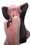  1girl adjusting_hair aitan! ak-12_(girls_frontline) arms_up bangs black_bra bra braid breasts cleavage closed_mouth commentary_request eyebrows_visible_through_hair girls_frontline hand_in_hair highres jacket large_breasts lingerie long_hair long_sleeves looking_at_viewer mouth_hold navel one_eye_closed open_clothes shirt sidelocks silver_hair simple_background solo tying_hair underwear violet_eyes white_background 