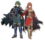  1boy 1girl absurdres alm_(fire_emblem) armor breasts cape celica_(fire_emblem) cleavage closed_mouth earrings ebinku fingerless_gloves fire_emblem fire_emblem_echoes:_mou_hitori_no_eiyuuou gloves green_eyes green_hair hand_holding highres jewelry long_hair medium_breasts nail_polish nintendo red_eyes redhead scabbard sheath sheathed shield short_hair simple_background smile sword weapon white_background 