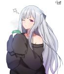  1girl absurdres ak-12_(girls_frontline) bangs black_bow blush bow braid closed_mouth commentary_request cup eyebrows_visible_through_hair french_braid girls_frontline highres holding holding_cup long_hair long_sleeves looking_at_viewer off_shoulder one_eye_closed qualthis sidelocks silver_hair simple_background sleeves_past_wrists solo sweater very_long_hair violet_eyes white_background 