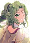  1girl fire_emblem fire_emblem:_seima_no_kouseki from_behind green_eyes green_hair grin hair_ribbon highres jewelry l&#039;arachel looking_back nakabayashi_zun nintendo one_eye_closed ribbon shoulder_armor simple_background smile solo white_background 