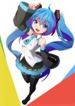  1girl :d ahoge arm_up bangs black_legwear black_skirt black_sleeves blue_eyes blue_hair blue_neckwear blush breasts collared_shirt commentary detached_sleeves eyebrows_visible_through_hair foreshortening from_above full_body hair_between_eyes hair_ornament hatsune_miku long_hair long_sleeves looking_at_viewer looking_up mamagogo_(gomaep) necktie open_mouth pleated_skirt pointing shirt short_necktie skirt sleeveless sleeveless_shirt sleeves_past_wrists small_breasts smile solo standing standing_on_one_leg thigh-highs tie_clip twintails very_long_hair vocaloid white_shirt wide_sleeves 