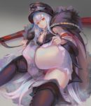  1girl bangs black_footwear black_hat bolt_action boots breasts denki fur_trim girls_frontline gun hair_between_eyes hat kar98k_(girls_frontline) long_hair looking_at_viewer mauser_98 panties peaked_cap red_eyes rifle solo thigh-highs thigh_boots thighs underwear very_long_hair weapon white_hair white_panties 