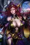  1girl ayya_saparniyazova bare_shoulders blush breasts cleavage commentary dress earrings english_commentary feather_trim fire_emblem fire_emblem_heroes grin hair_between_eyes hand_on_own_chest hat jewelry large_breasts lips loki_(fire_emblem_heroes) long_hair looking_at_viewer nail_polish nintendo pinup purple_nails redhead smile solo thighs violet_eyes 