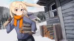  1girl ame. axe azur_lane bangs black_pants blonde_hair blue_jacket blue_sky blush brown_mittens building carrying_under_arm cleveland_(azur_lane) closed_mouth clouds cloudy_sky commentary_request day eyebrows_visible_through_hair firewood fur-trimmed_sleeves fur_trim holding holding_axe jacket long_hair long_sleeves mittens mountain one_side_up outdoors pants red_eyes sky smile solo very_long_hair window 