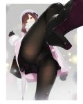  1girl ama_mitsuki ass bag black_footwear black_gloves black_legwear boots bow brown_eyes brown_hair coat commentary_request crotch_seam from_below gloves hat hat_bow heart high_heels leg_up long_hair looking_at_viewer looking_down original panties panties_under_pantyhose pantyhose pink_coat revision scarf skirt snowing solo umbrella underwear white_hat white_panties winter_clothes winter_coat 