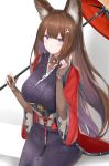  1girl absurdres amagi_(azur_lane) animal_ear_fluff animal_ears azur_lane bangs blush breasts bridal_gauntlets brown_hair closed_mouth commentary_request eyebrows_visible_through_hair highres holding holding_umbrella japanese_clothes kimono large_breasts long_hair looking_at_viewer multicolored_hair oriental_umbrella purple_kimono red_umbrella redhead ru_zhai short_eyebrows short_sleeves sitting solo streaked_hair thick_eyebrows umbrella very_long_hair violet_eyes white_background wide_sleeves 