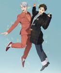  2boys :d black_hair blazer blue_background blue_eyes brown_eyes cacao_(umri) coat collared_shirt index_finger_raised jacket jumping katsuki_yuuri male_focus multiple_boys open_mouth pants shirt silver_hair smile turtleneck viktor_nikiforov yuri!!!_on_ice 