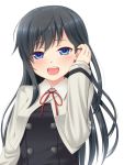  1girl :d asashio_(kantai_collection) bangs black_dress black_hair blue_eyes blush buttons commentary double-breasted dress eyebrows_visible_through_hair eyes_visible_through_hair hair_tucking hanazome_dotera hand_up jewelry kantai_collection long_hair long_sleeves looking_at_viewer open_mouth pinafore_dress red_neckwear remodel_(kantai_collection) ring simple_background smile solo upper_body wedding_band white_background 