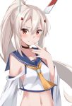  1girl ayanami_(azur_lane) azur_lane bangs bare_shoulders black_choker blue_sailor_collar blush brown_eyes brown_hair choker closed_mouth collarbone commentary_request eyebrows_visible_through_hair fingernails hair_between_eyes hair_ornament hand_up headgear highres kohakope long_hair remodel_(azur_lane) sailor_collar shirt simple_background smile solo upper_body very_long_hair white_background white_shirt yellow_neckwear 