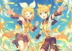  1boy 1girl ;d armpits bangs black_legwear black_sailor_collar black_shorts black_sleeves blonde_hair blue_eyes blue_sky bow brother_and_sister choke_(amamarin) clouds day detached_sleeves eyebrows_visible_through_hair hair_between_eyes hair_bow hairband headphones headset kagamine_len kagamine_rin leg_up leg_warmers looking_at_viewer microphone midriff navel one_eye_closed one_side_up open_mouth outdoors outstretched_arm outstretched_arms parted_bangs petals ribbon sailor_collar short_hair short_shorts short_sleeves shorts siblings sky smile standing standing_on_one_leg stomach vocaloid white_bow white_footwear white_hairband yellow_neckwear yellow_ribbon 