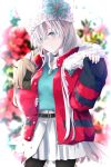 1girl anastasia_(fate/grand_order) belt black_legwear blue_eyes blue_sweater blurry blurry_background choker cowboy_shot fate/grand_order fate_(series) fur-trimmed_jacket fur_trim hair_between_eyes hat highres jacket long_hair long_sleeves miniskirt open_clothes open_jacket oriuo_q pantyhose pleated_skirt red_jacket silver_hair skirt solo standing sweater white_hat white_skirt winter_clothes 
