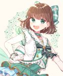 1girl :d armband artist_name bang_dream! bangs blush bow bow_choker brown_hair choker clenched_hand commentary_request corset earrings flower_earrings frilled_shirt frills gloves green_bow green_choker green_eyes green_neckwear green_skirt hair_bow heart heart_choker highres jewelry layered_skirt neck_ribbon open_mouth patzzi ribbon shirt short_hair skirt smile solo striped striped_choker striped_neckwear sweat white_gloves yamato_maya 