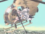  1girl 2boys aiming aircraft artist_request blue_sky city clouds flying girls_frontline helicopter helmet iws-2000_(girls_frontline) military military_uniform multiple_boys red_eyes sky soldier steyr_iws_2000 uniform white_hair 