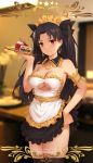  1girl adapted_costume alternate_costume apron bangs bare_shoulders black_bow black_hair black_legwear black_skirt blurry blurry_background blush bow breasts cake cleavage cleavage_cutout closed_mouth copyright_name cowboy_shot cream depth_of_field detached_collar earrings enmaided fate/grand_order fate_(series) food frills fruit hair_bow hand_on_hip hand_up head_tilt highres holding holding_plate hoop_earrings indoors ishtar_(fate/grand_order) jewelry long_hair looking_at_viewer maid maid_headdress medium_breasts o-ring parted_bangs pixiv_id plate red_eyes skirt smile solo spoon star strapless strawberry thigh-highs thighs two_side_up under_boob underboob_cutout very_long_hair watermark web_address white_apron yijian_ma 