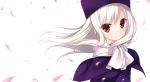 1girl bangs blush cariboy closed_mouth commentary_request eyebrows_visible_through_hair fate/stay_night fate_(series) hat illyasviel_von_einzbern jacket long_hair looking_at_viewer petals purple_capelet purple_hat purple_jacket red_eyes scarf simple_background smile solo white_background white_hair white_scarf 