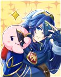  1girl 1other blue_eyes blue_hair cape copy_ability fingerless_gloves fire_emblem fire_emblem:_kakusei fire_emblem_heroes gloves hal_laboratory_inc. hoshi_no_kirby intelligent_systems kaidou_mitsuki kirby kirby_(series) kirby_(specie) long_hair looking_at_viewer lucina mask nintendo pink_puff_ball simple_background sora_(company) super_smash_bros. super_smash_bros._ultimate super_smash_bros_for_wii_u_and_3ds tiara white_background 