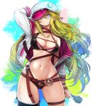  1girl arm_up armpits bare_shoulders belt bikini black_bikini black_legwear blonde_hair blue_eyes blue_hair breasts bright_pupils cabbie_hat cleavage closed_mouth collarbone commentary english_commentary goomrrat gradient_hair groin hair_between_eyes hat highres holding holding_microphone jacket large_breasts long_hair long_sleeves looking_at_viewer microphone multicolored multicolored_background multicolored_hair navel o-ring off_shoulder open_clothes open_fly open_jacket original single_thighhigh solo stomach swimsuit thigh-highs thigh_strap unzipped very_long_hair white_hat white_jacket wristband 