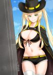  1girl ass_visible_through_thighs azur_lane bikini_top black_bikini_top black_hat blonde_hair breasts cape cleavage clouds cloudy_sky collarbone cowboy_hat cowboy_shot day eyebrows_visible_through_hair flight_deck green_eyes hat highres hornet_(azur_lane) kamui_aya large_breasts long_hair looking_at_viewer midriff navel short_shorts shorts signature sky smile solo standing thigh-highs twintails white_legwear 