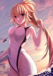  1girl aonegi artist_name blonde_hair blue_eyes blurry clouds competition_swimsuit cowboy_shot depth_of_field fate/grand_order fate_(series) gradient_sky highleg highleg_swimsuit jeanne_d&#039;arc_(fate)_(all) jeanne_d&#039;arc_(swimsuit_archer) long_hair looking_at_viewer one-piece_swimsuit ponytail purple_sky sky solo sunset swimsuit water waves whistle whistle_around_neck white_swimsuit 