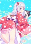  1girl ass azumi_akitake blue_background blue_eyes blush bow closed_mouth commentary_request drawing_tablet eromanga_sensei eyebrows_visible_through_hair feet_out_of_frame floral_print flower furisode hair_bow hair_flower hair_ornament holding holding_stylus izumi_sagiri japanese_clothes kimono legs long_hair looking_at_viewer looking_back low-tied_long_hair lying obi on_floor on_stomach one_side_up partial_commentary pink_bow red_kimono sash silver_hair socks solo stylus tablet thighs wide_sleeves 