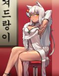  1girl absurdres animal_ears arm_up armpits bare_legs blurry blurry_background breasts china_dress chinese_clothes cleavage cleavage_cutout depth_of_field detached_sleeves dress fur_trim girls_frontline hair_ornament highres indoors jacket_on_shoulders kemonomimi_mode korean large_breasts legs_crossed long_hair low-tied_long_hair mossberg_m590_(girls_frontline) pelvic_curtain sd_bigpie sidelocks sitting sleeveless sleeveless_dress solo translation_request white_dress yellow_eyes 