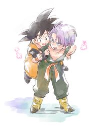  2boys :d black_eyes black_hair blue_eyes blush blush_stickers boots dougi dragon_ball dragonball_z eyebrows_visible_through_hair floating flower full_body happy long_sleeves looking_back male_focus multiple_boys open_mouth pink_flower purple_hair shadow short_hair simple_background smile son_goten spiky_hair spread_legs standing trunks_(dragon_ball) white_background wristband yosi_(yosi_ton) 