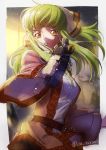  1girl breasts c.c. c_(rahit) code_geass green_hair gun holding holding_gun holding_weapon long_hair parted_lips sketch solo weapon yellow_eyes 