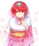  1girl absurdres bangs brown_eyes closed_mouth commentary_request earrings eyebrows_visible_through_hair floral_print fur_collar hair_between_eyes hand_up headpiece highres pyra_(xenoblade) japanese_clothes jewelry kimono looking_at_viewer nintendo obi petals pink_kimono print_kimono redhead sash smile solo tarbo_(exxxpiation) upper_body white_background xenoblade_(series) xenoblade_2 