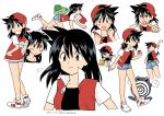  1girl black_hair blush brown_eyes bulbasaur collarbone creatures_(company) dated frown game_freak gen_1_pokemon genderswap genderswap_(mtf) hair_between_eyes hands_in_pockets hat holding holding_poke_ball kibisakura long_hair lying midriff_peek mouth_hold multiple_views navel nintendo open_mouth pikachu pointing poke_ball pokemon poliwhirl red_(pokemon) red_hat shoes short_shorts short_sleeves shorts smile spiky_hair stretch twitter_username white_background white_footwear 